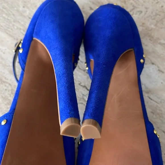 STEVEN Steve Madden ASTRRO Blue Gold Studded Leather Suede Stiletto heel Sz 8.5 - Picture 10 of 17
